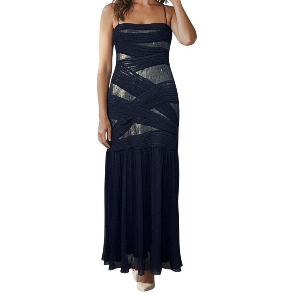 Tadashi Shoji Women Evening Gown 14 Navy Silver Silk Sequin Pleated Formal Event